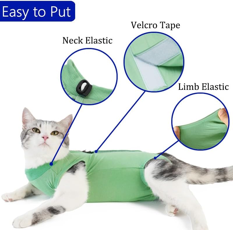 Cat Surgery Recovery Suit, E-Collar Alternative (Green, Medium)