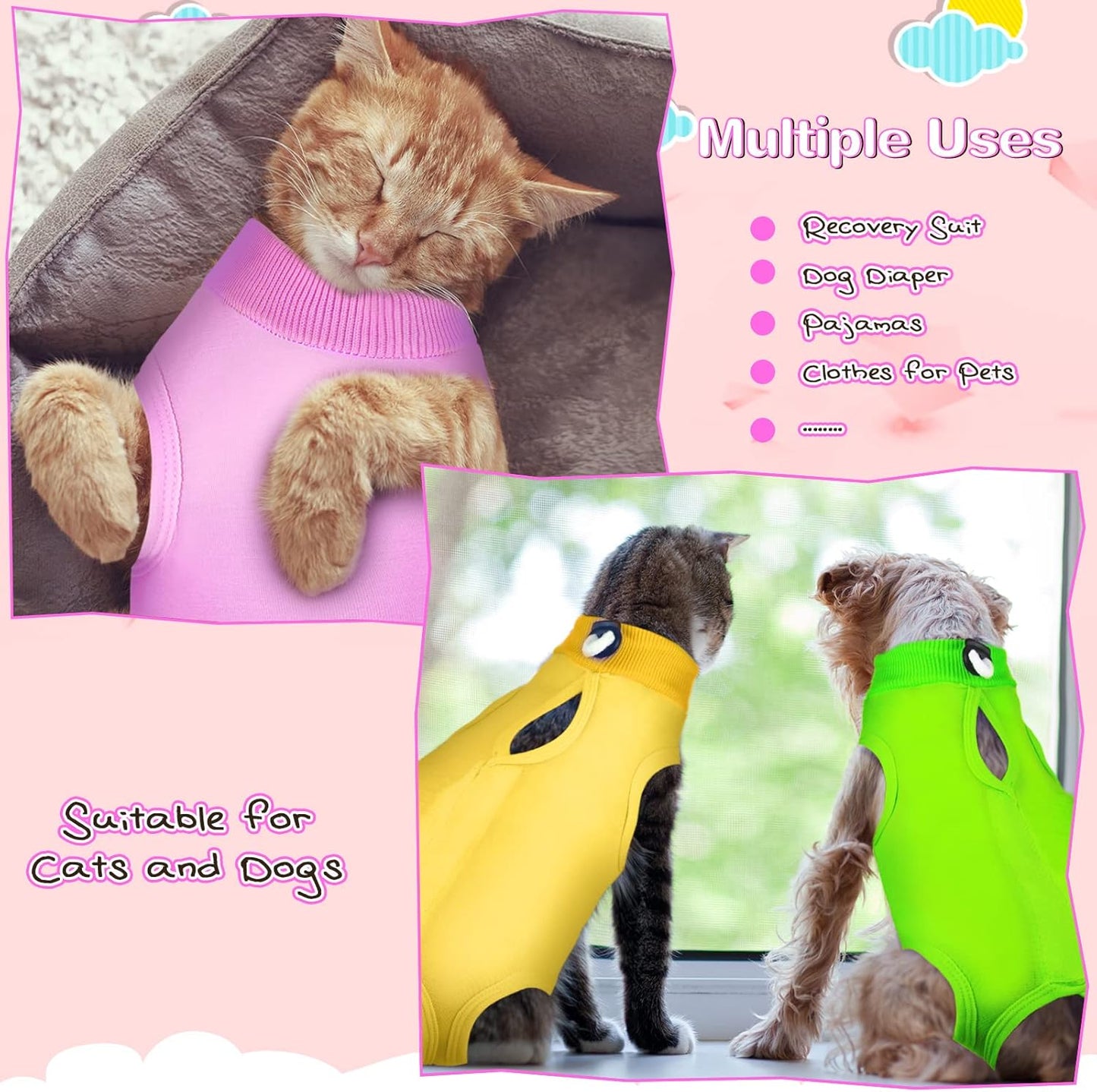 Nuanchu 3-Piece Cat Recovery Suit Set for Cats & Dogs, E-Collar Alternative (Large, Simple Pattern)