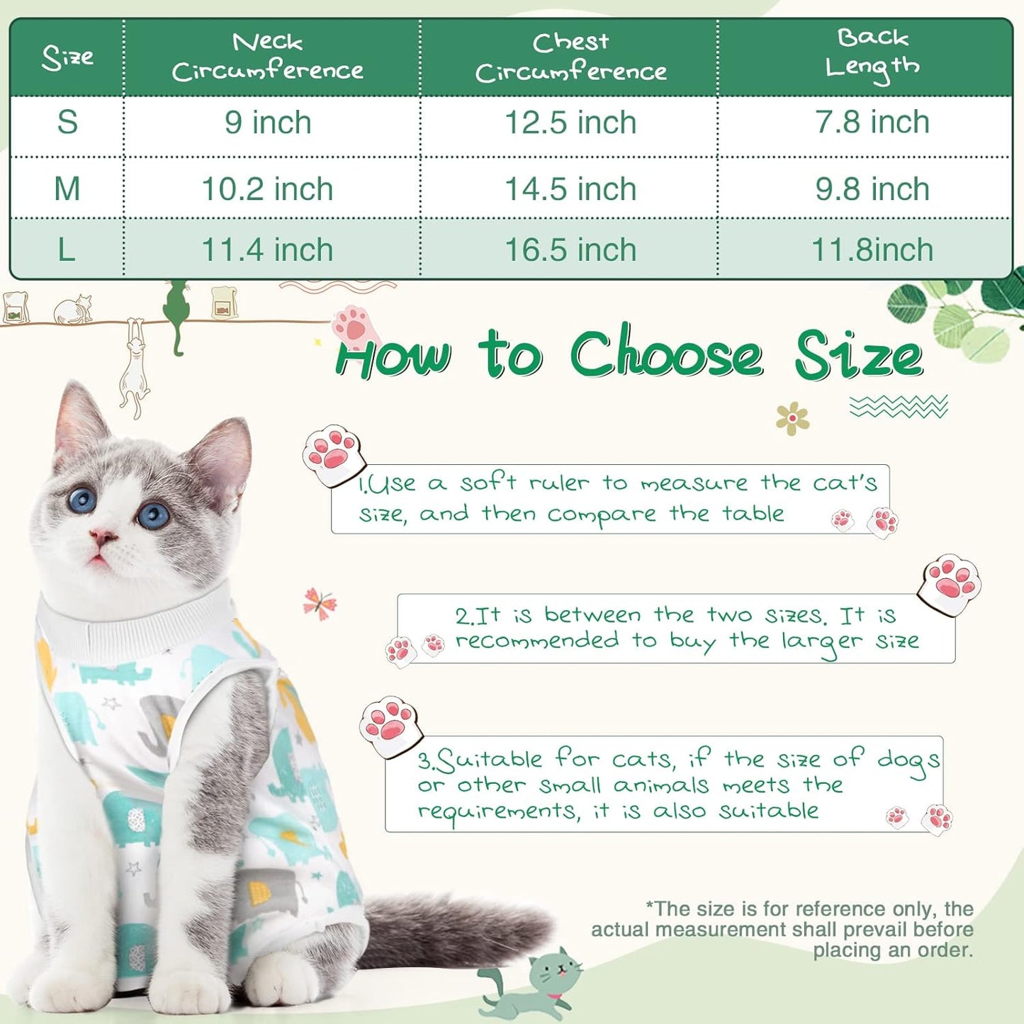 Nuanchu 3-Piece Cat Recovery Suit, E-Collar Alternative (Cute Pattern, Large)