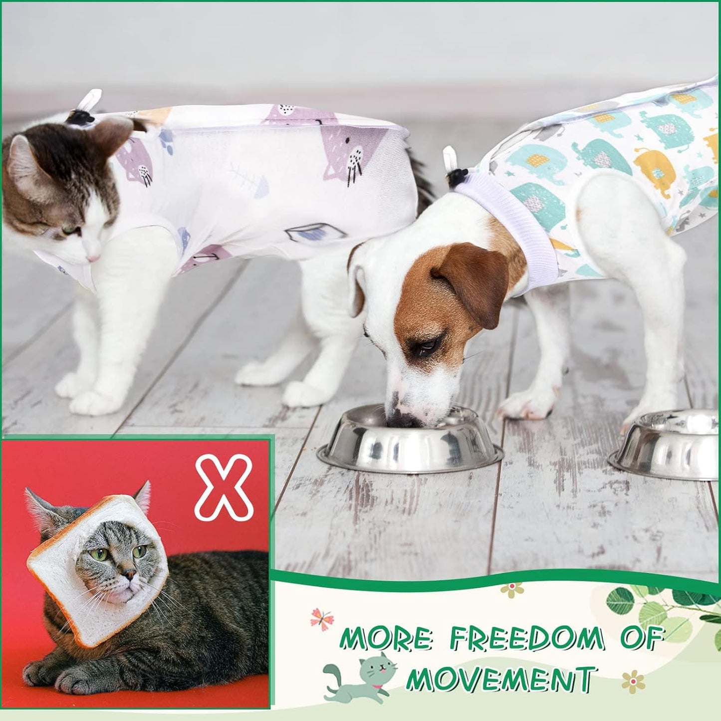 Nuanchu 3-Piece Cat Recovery Suit, E-Collar Alternative (Cute Pattern, Large)