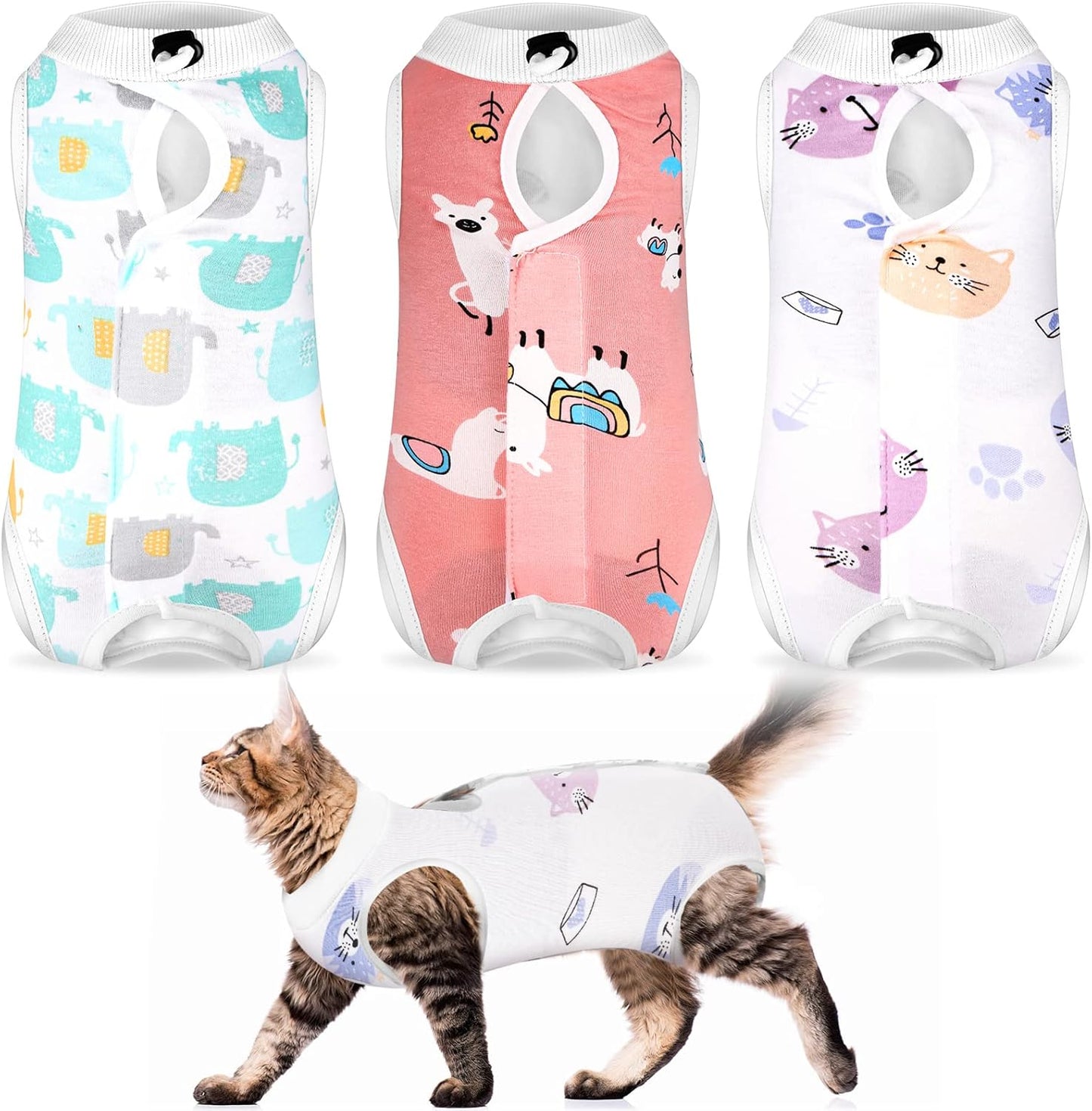 Nuanchu 3-Piece Cat Recovery Suit, E-Collar Alternative (Cute Pattern, Large)