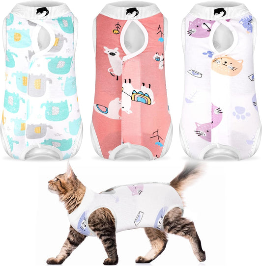 Nuanchu 3-Piece Cat Recovery Suit, E-Collar Alternative (Cute Pattern, Large)
