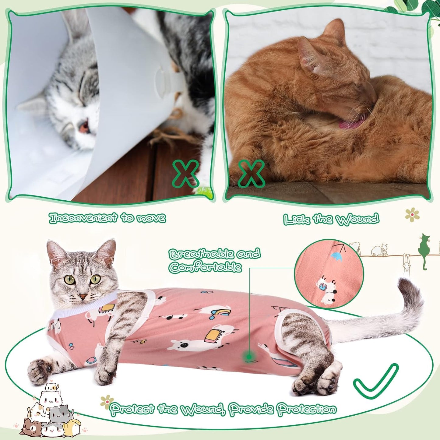 Nuanchu 3-Piece Cat Recovery Suit, E-Collar Alternative (Cute Pattern, Large)