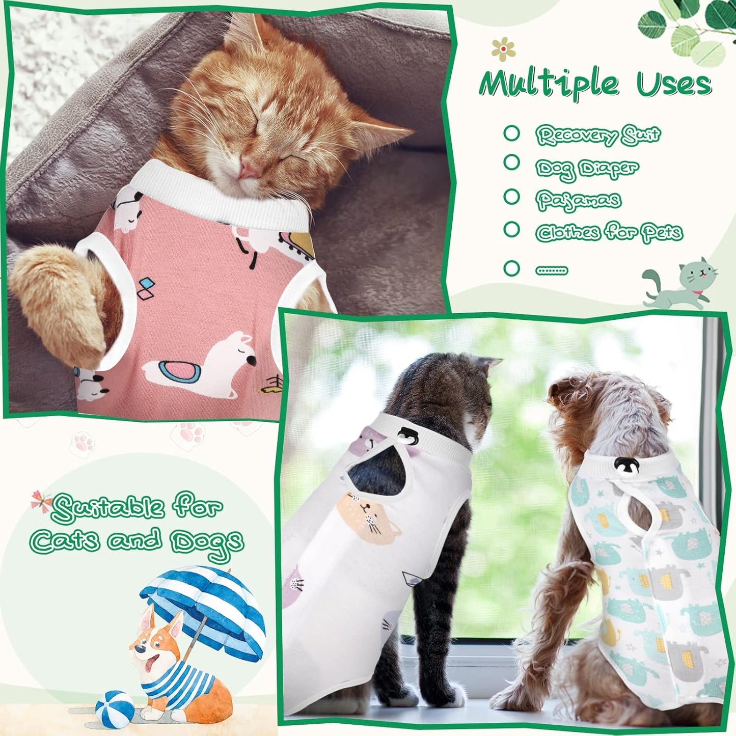Nuanchu 3-Piece Cat Recovery Suit, E-Collar Alternative (Cute Pattern, Large)