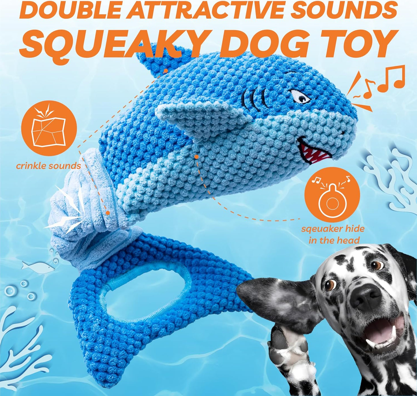 LEGEND SANDY Interactive Dog Toy, Squeaky & Tug of War, Blue Shark for Aggressive Chewers