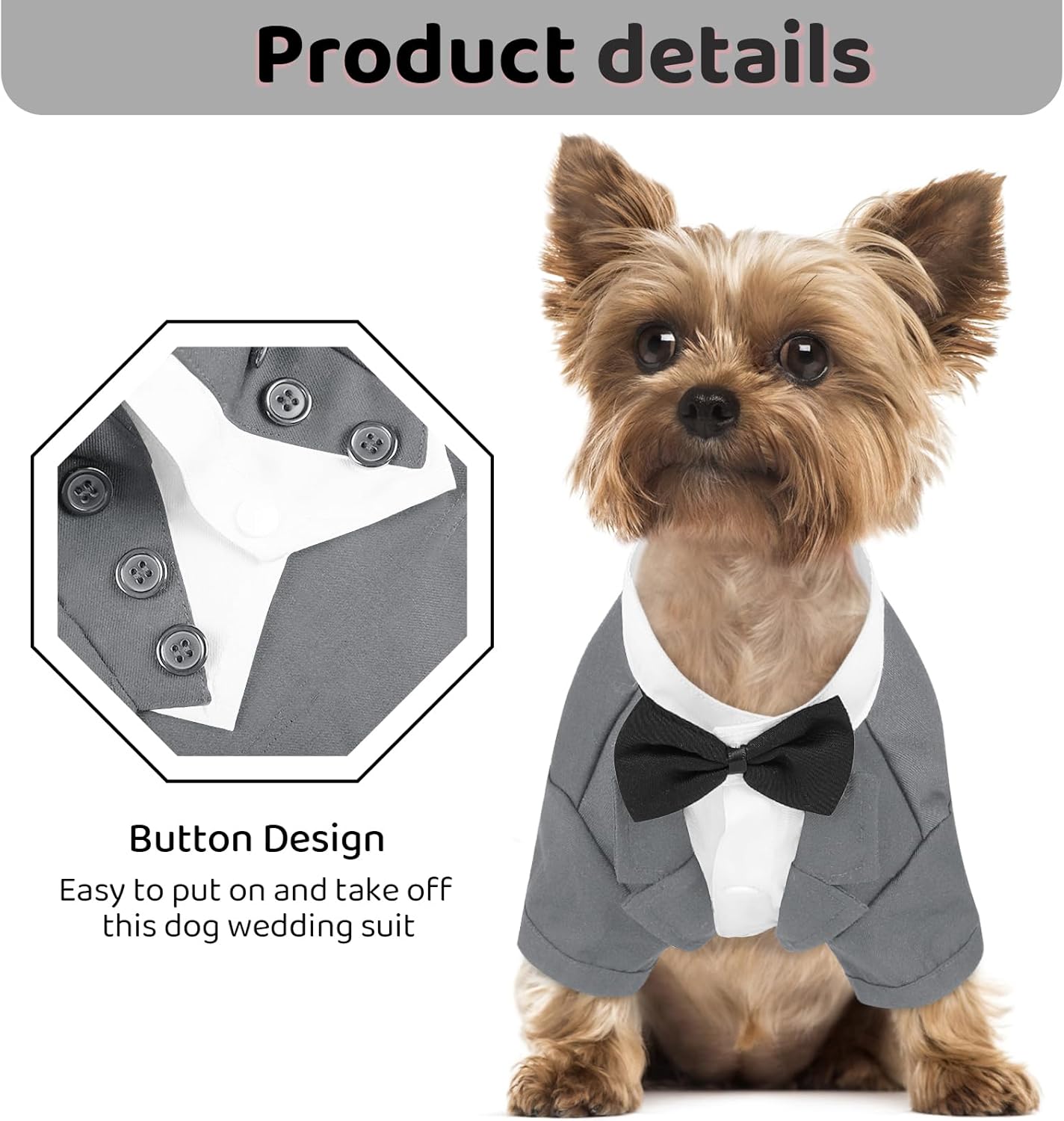 Queenmore Dog Tuxedo with Tie, Formal Wedding Outfit for Dogs & Cats, Grey, M