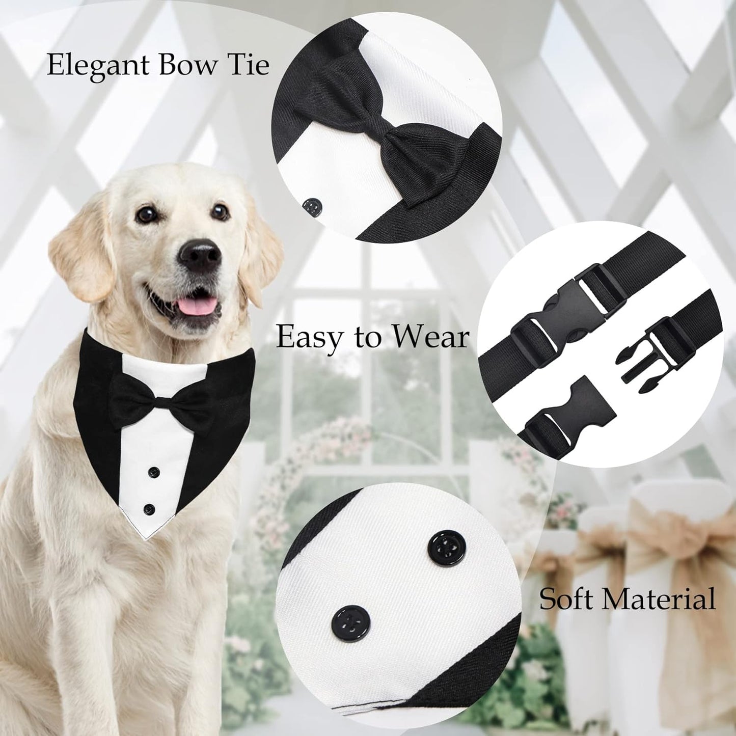 Dog Tuxedo Suit with Bow Tie & Bandana, Adjustable Formal Costume for Small to Large Dogs (Large: Neck 15”-25”)