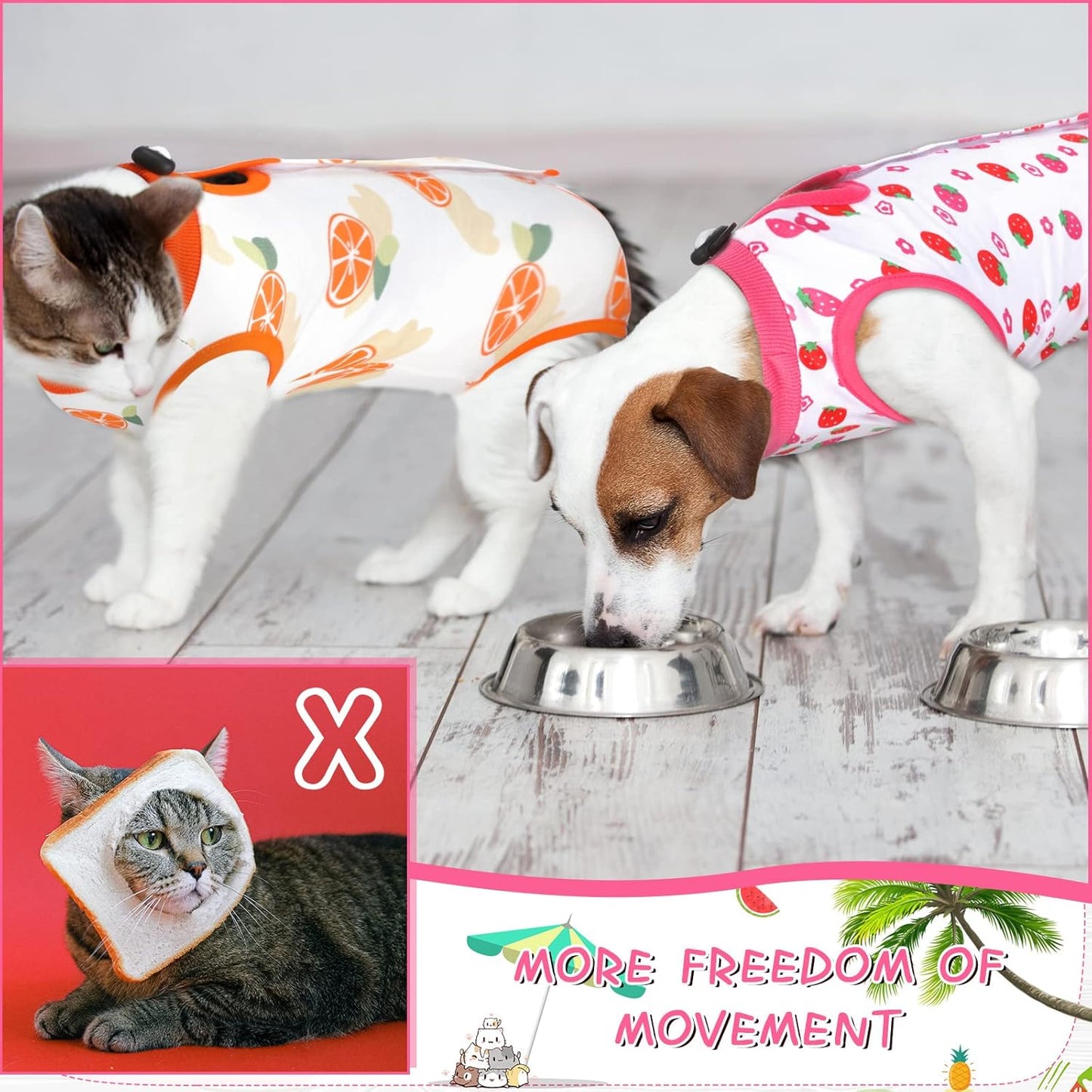 3-Piece Cat Recovery Suit, E-Collar Alternative, Anti-Licking Pajama (Fruit, Medium)