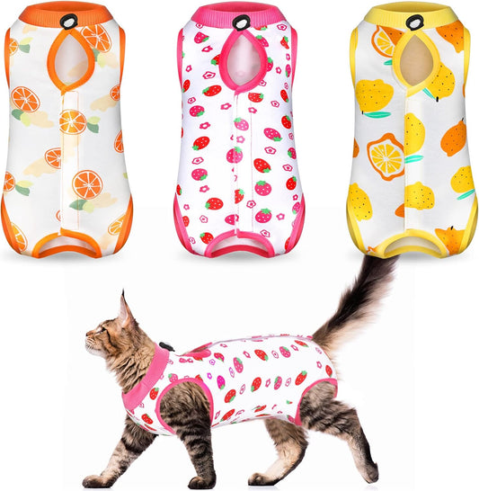 3-Piece Cat Recovery Suit, E-Collar Alternative, Anti-Licking Pajama (Fruit, Medium)