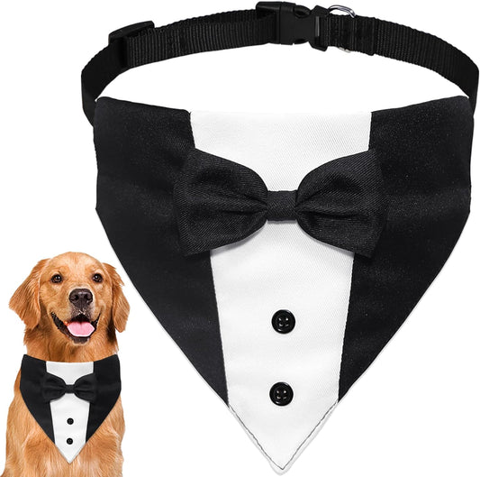 Dog Tuxedo Suit with Bow Tie & Bandana, Adjustable Formal Costume for Small to Large Dogs (Large: Neck 15”-25”)