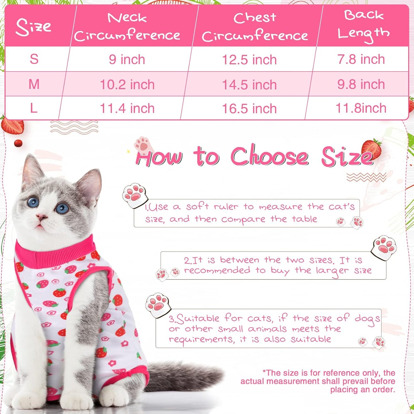 3-Piece Cat Recovery Suit, E-Collar Alternative, Anti-Licking Pajama (Fruit, Medium)