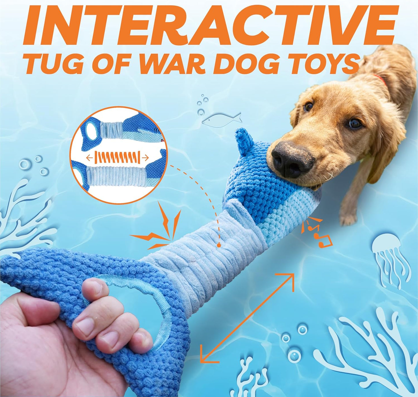 LEGEND SANDY Interactive Dog Toy, Squeaky & Tug of War, Blue Shark for Aggressive Chewers