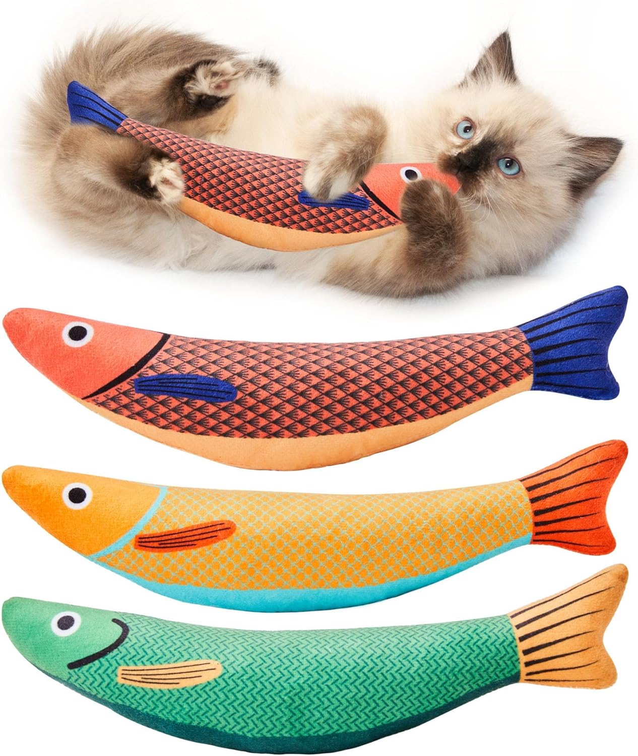 Potaroma Saury Fish Cat Toys, 3 Pack with Catnip & Crinkle Sound, Interactive Kicker for Kittens